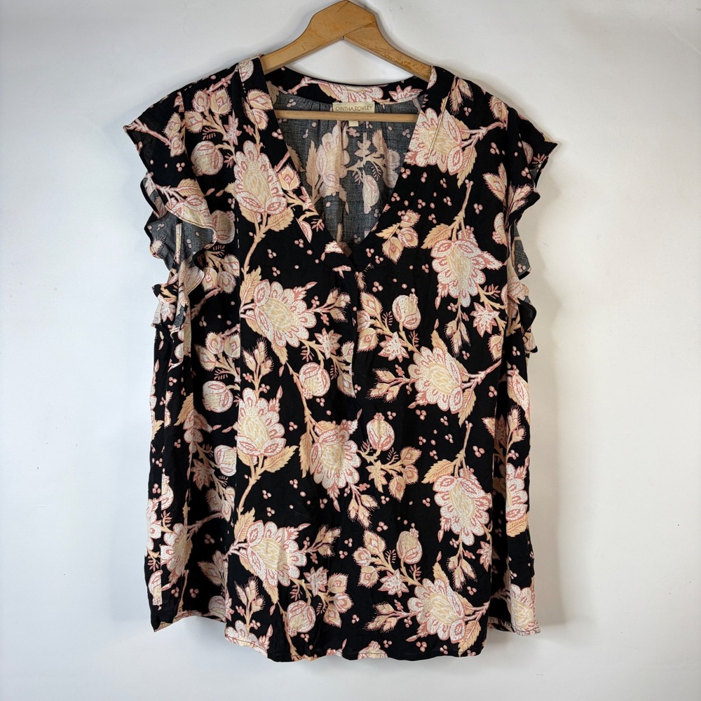 Cynthia Rowley Blouse Women 3X Black Floral Ruffle Cap Sleeve V-Neck Rayon